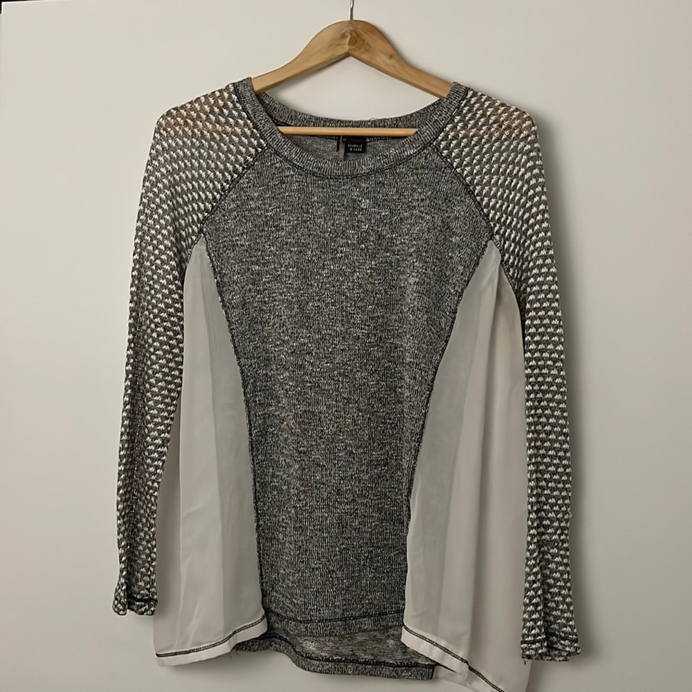 Gray, long sleeve shirt, the multi textures in see-through sides.